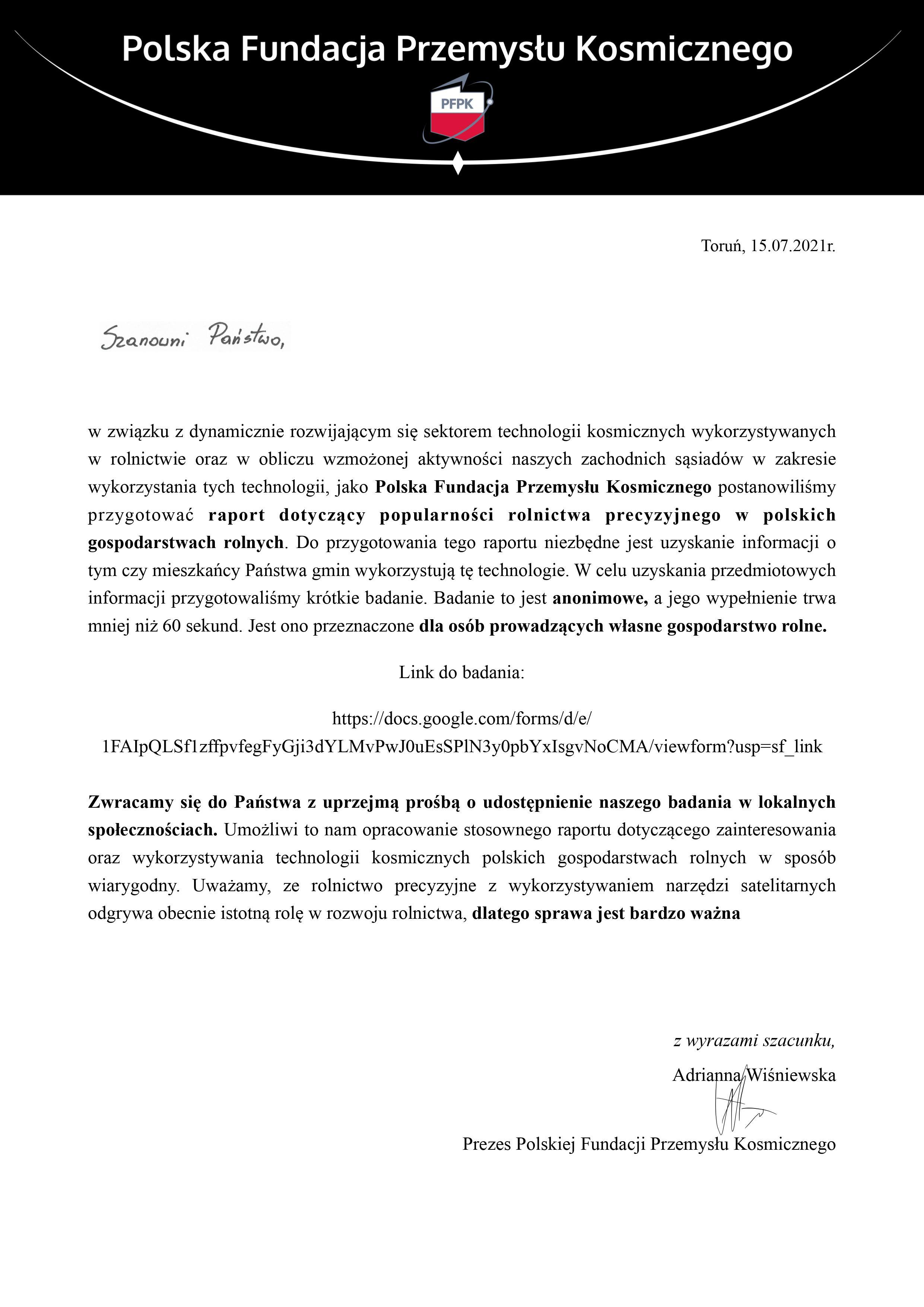 Polska fundacja przemysłu kosmicznego list