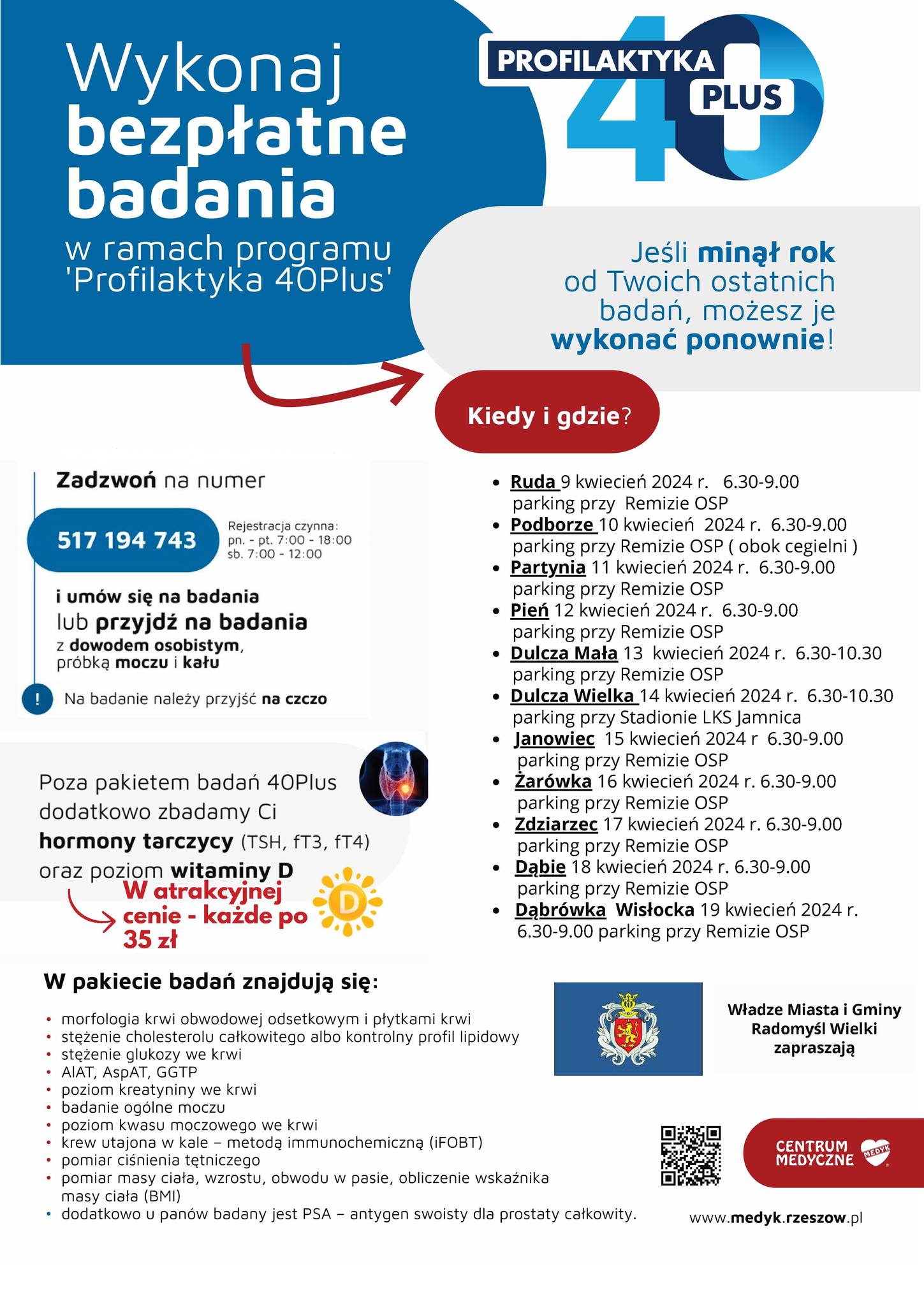 Plakat informujący o badaniach profilaktycznych w ramach programu 40 plus.