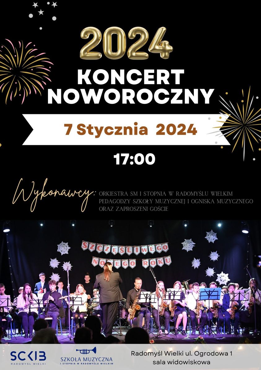 Plakat zapraszający na Koncert Noworoczny.