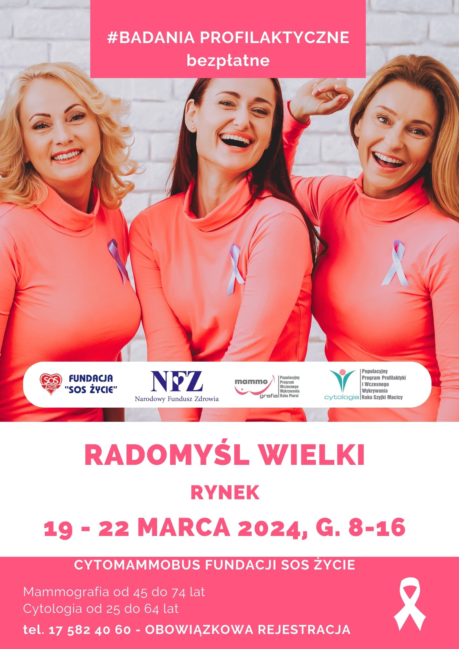 Plakat informujący o badaniach cytologicznych i mammograficznych.