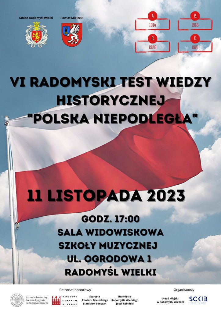 Plakat promujący VI Radomyski Test Wiedzy Historycznej „Polska Niepodległa” 