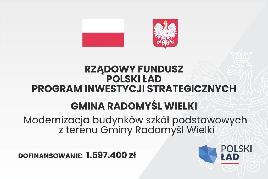 Tablica informująca o projekcie Modernizacja budynków szkół podstawowych z terenu Gminy Radomyśl Wielki