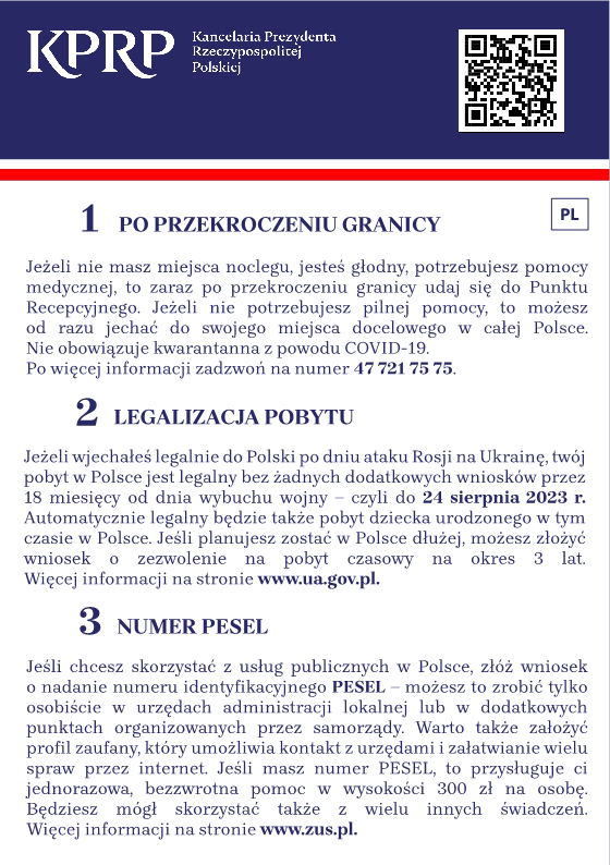 Ulotka informacyjna dla uchodźców wojennych z Ukrainy - strona 1 - polska werja językowa