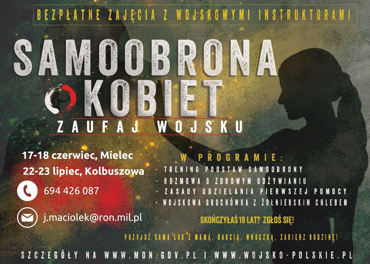 Plakat - samoobrona kobiet - bezpłatne zajęcia z wojskowymi instruktorami