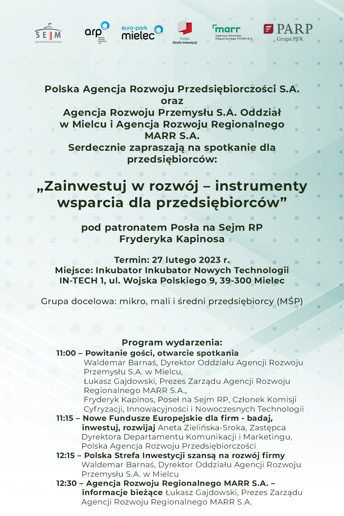 Plakat spotkania dla przedsiębiorców: „Zainwestuj w rozwój – instrumenty wsparcia dla przedsiębiorców”